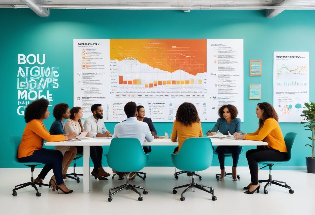 A diverse group of professionals engaged in a dynamic brainstorming session, surrounded by inspiring quotes on a wall, a vision board filled with career goals, and an open laptop showing a growth chart. The atmosphere is vibrant and energetic, symbolizing progress and collaboration. Bright, motivating colors enhance the sense of achievement. super-realistic. vibrant colors. white background.