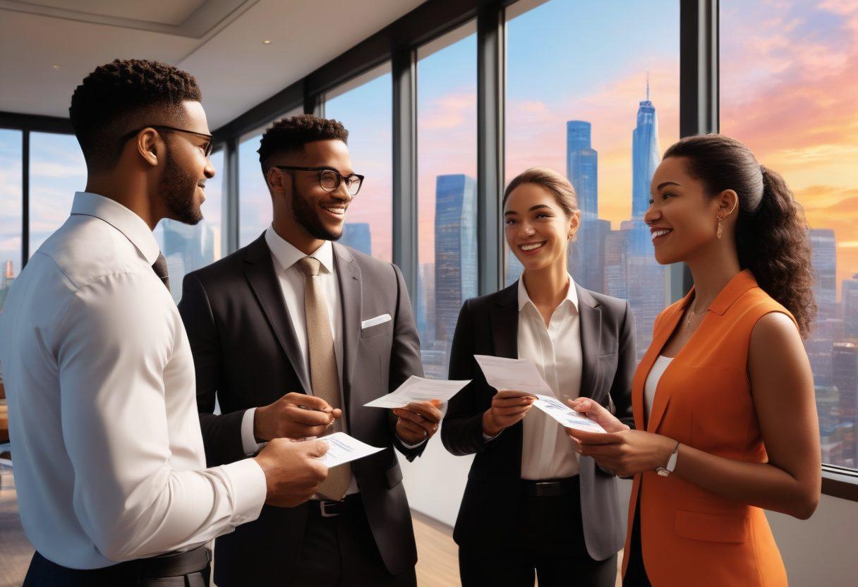 An illustration of a diverse group of professionals engaged in a lively networking event, surrounded by job listings and career growth charts in the background. The characters should be interacting, exchanging business cards, and discussing ideas, conveying an atmosphere of collaboration and success. Bright and inviting colors showcasing a vibrant city skyline visible through large windows. super-realistic. vibrant colors. corporate setting.