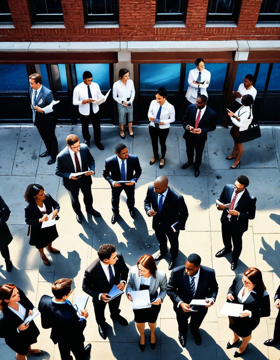 A sprawling urban landscape showcasing diverse professionals engaged in networking and job hunting. A vibrant mix of people from different backgrounds, dressed in business attire, with laptops and resumes in hand. Symbolic elements like upward arrows and open doors representing opportunities and growth. Soft, sunny lighting to evoke a sense of hope and positivity. super-realistic. vibrant colors.